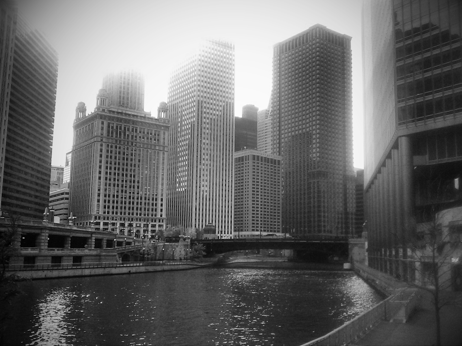 A black and white image of the Chicago River